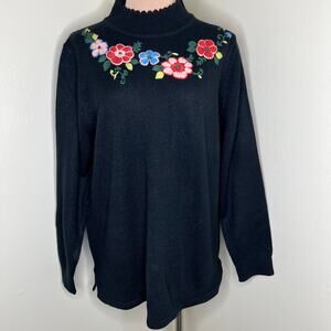 Salon Studio Sweater Large Women Black Embroidered Floral Mock Neck Knit Relaxed